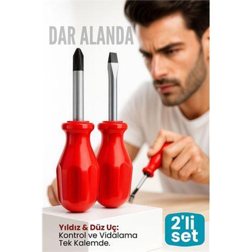 2'liTopaç Tornavida Seti: Avuçiçi Mini Yıldız ve Düz Uçlu  Kısa Şaft Ufak Vidalama Anahtarı