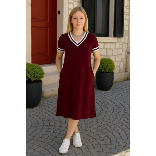 Kadın Kısa Kollu V Yaka Ve Yaka Ribana Detay Midiboy Viskon Elbise