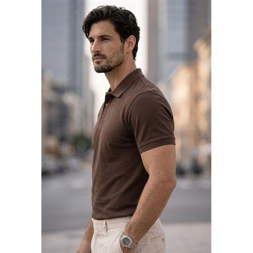 Orlando Oversize Polo Yaka Pike Kumaş Basic Düğmeli Relaxed Fit Erkek T-Shirt - Kahve
