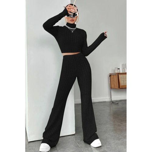 Kadın Siyah Boğazlı Crop Top Yüksek Bel Eşofman Takımı Spor Şık 2’li Set