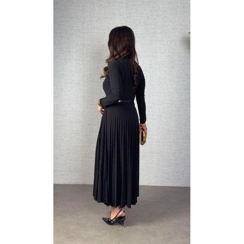 Kadın Uzun Kollu Balıkçı Yaka Kemersiz Pileli Uzun Sandy Elbise