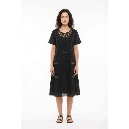 Kısa Kol Aynur Bisiklet Yaka Cepli Yazlık Vual Kısa Elbise Siyah Syh