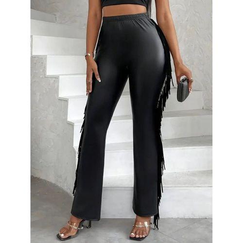 Kadın Yüksek Bel Yanlardan Püsküllü Deri Pantolon