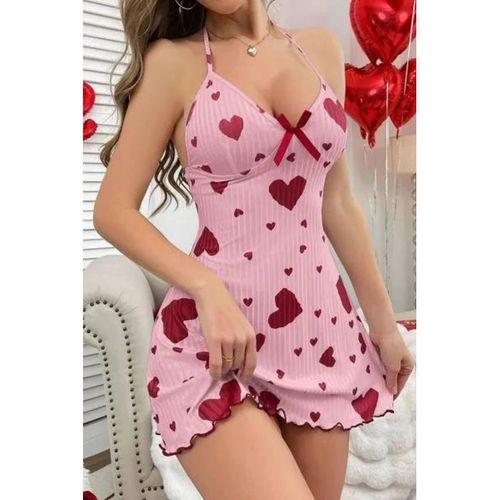 Kadın Pembe Kırmızı Kalp Desenli Askılı Sırt Dekolteli Elbise 5064