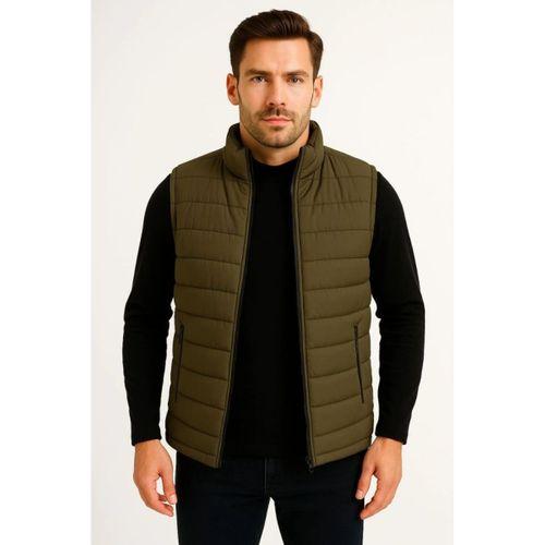 Erkek Şişme Fermuarlı Yelek Su Itici Kapitone Astarlı Kumaş Cepli Hafif Kışlık Spor Rahat Kalıp - Haki