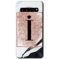 Potkal Hediye Fabrikası Samsung Galaxy S10 Plus Kılıf HD Desen Baskı Arka Kapak + TemperliCam - Pembe Mermer Desenli İ Harf