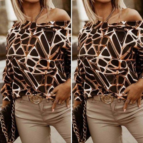 Kadın Uzun Kollu V Yaka Düşük Omuz Geometrik Desen şardonlu Dalgıç Bluz