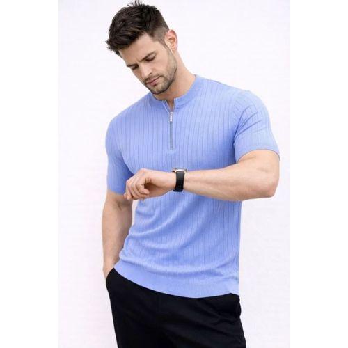 Erkek Kısa Kol Fitilli Triko T-Shirt Yazlık Hakim Yaka Tişört - Bebek Mavisi