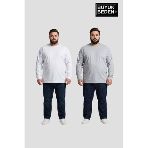 Erkek Büyük Beden 2 li Set Uzun Kollu 2 İplik Bisiklet Yaka Tişört SPR26BEA942+2