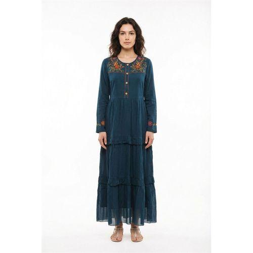 Uzun Kol Zeynep Bisiklet Yaka Nakışlı Uzun Vual Elbise Petrol Ptrl