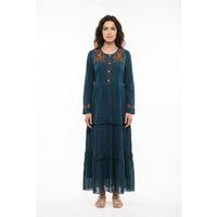 Uzun Kol Zeynep Bisiklet Yaka Nakışlı Uzun Vual Elbise Petrol Ptrl