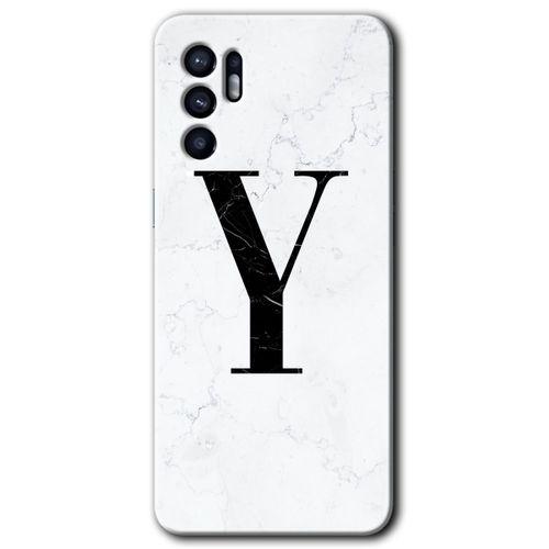 MRCİLETİSİM Oppo Reno 6 Kılıf HD Desen Baskılı Arka Kapak + Temperli Cam - Beyaz Mermer Desenli Y Harfi