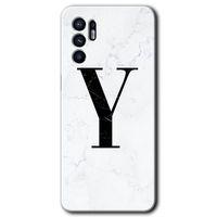 MRCİLETİSİM Oppo Reno 6 Kılıf HD Desen Baskılı Arka Kapak + Temperli Cam - Beyaz Mermer Desenli Y Harfi