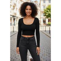 Siyah Derin U Yaka Crop Top Uzun Kollu Dar Kesim Kadın Bluz