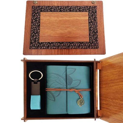 Ahşap Kutulu Mavi Deri Defter Ve Anahtarlık Set