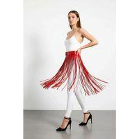 Kırmızı Etek Püsküllü Suni Deri Etek Yüksek Bel Etek - Brf1090