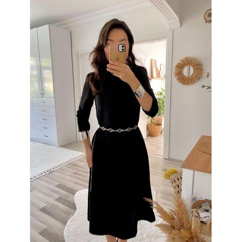 Kadın Uzun Truvakar Kol Bisiklet Yaka Midi Modal Elbise