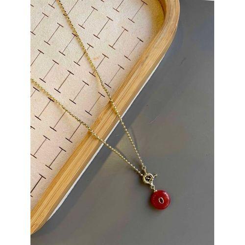 Dorika Zincirli Taşlı Kolye- 60 cm - Kırmızı