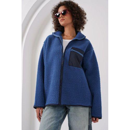 55446 Fermuarlı Oversize Peluş Ceket - Saks