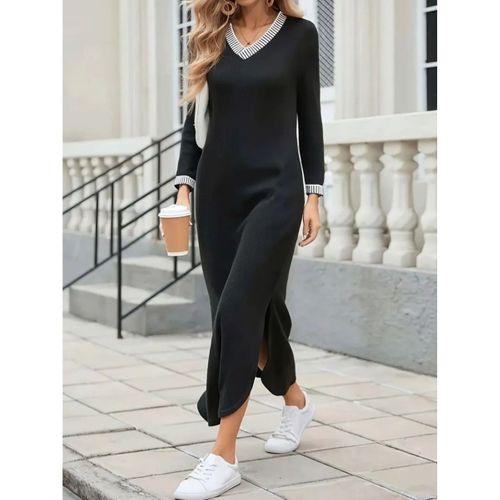 Kadın Uzun Kollu V Yakalı Yanlardan Yırtmaçlı Uzun Viskon Iki Iplik Elbise