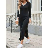 Kadın Uzun Kollu V Yakalı Yanlardan Yırtmaçlı Uzun Viskon Iki Iplik Elbise