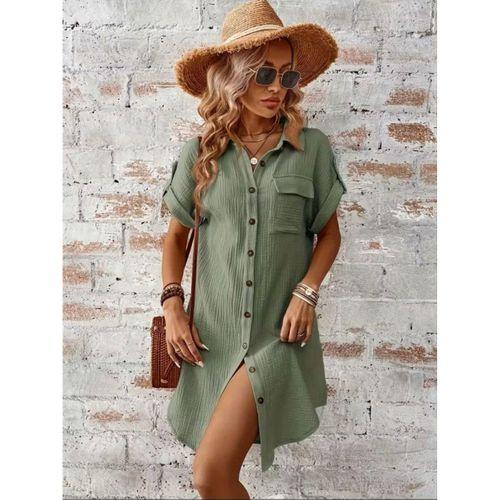 Kadın Kısa Kollu Yakalı önden Düğmeli Bürümcük Kısa Elbise