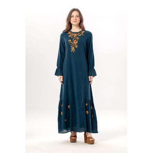 Uzun Kol Aysu Nakışlı Bisiklet Yaka Şile Bezi Yazlık Uzun Elbise Petrol Ptrl