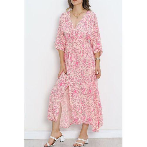 Kruvaze Yaka Desenli Elbise Pembe