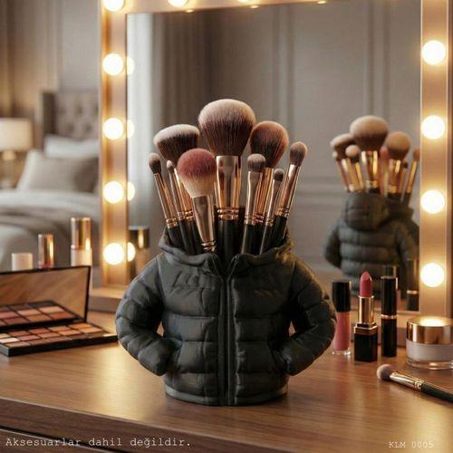 Siyah Şişme Mont Puf Formlu Büyük Boy Makyaj Fırçalığı Masaüstü Kozmetik Düzenleyici