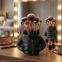 Siyah Şişme Mont Puf Formlu Büyük Boy Makyaj Fırçalığı Masaüstü Kozmetik Düzenleyici