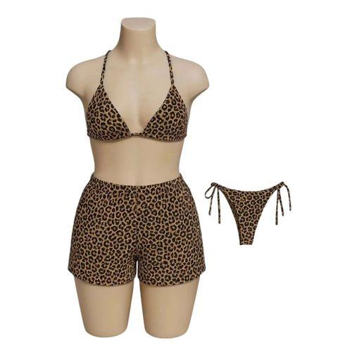Kadın Leopar Desenli 3’lü Bikini Takımı Şortlu Yandan Bağlamalı Alt Üst Plaj Kombin Mayo Seti