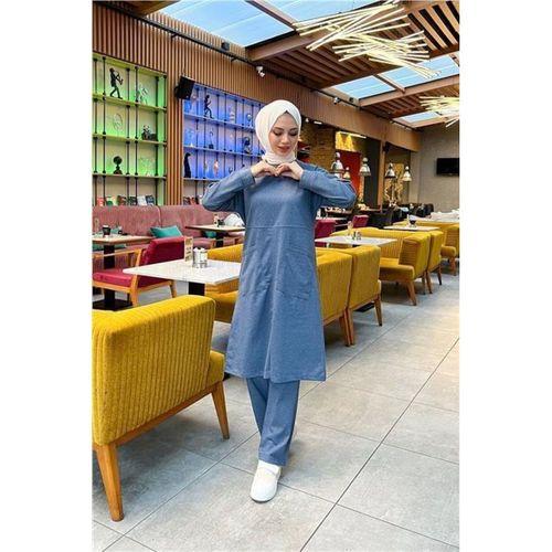 Önden İki Cepli Sade Basic Uzun Tunik Pantolon İkili Spor Takımı - 03067.006 - İndigo