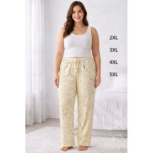 Viskon Pamuklu Kadın Büyük Beden Açık Sarı Desenli Pijama Pantolon - MGB010 - Mudanis
