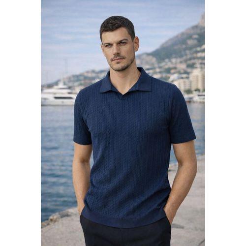 Nestor Saç Örgü Desenli Polo Yaka Regular Fit Örme İnce Triko Erkek T-Shirt - Lacivert