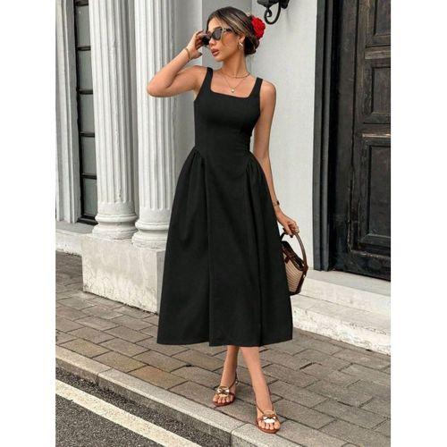 Kadın Askılı Kare Yakalı Uzun Ithal Krep Elbise