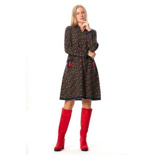 Uzun Kol Zuhal Pazen Midi Boy Sonbahar ve Kışlık Elbise Papatya Desen Lacivert Lcvt