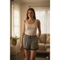 Çizgili Penye Kadın Ev Şortu Bacak Dantel Detaylı Ev Giyim Siyah