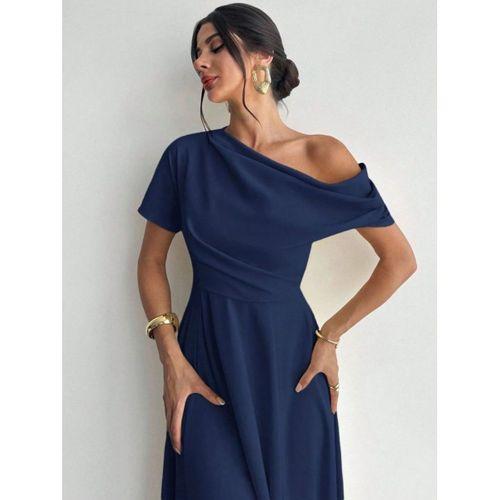 Kadın Omuzdan Açık Kısa Kollu Omuzdan Pileli Uzun Janjan Krep Elbise