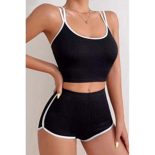 Kadın Siyah Beyaz Çapraz Lastik Detaylı Kaşkorse Şortlu Gecelik Takımı