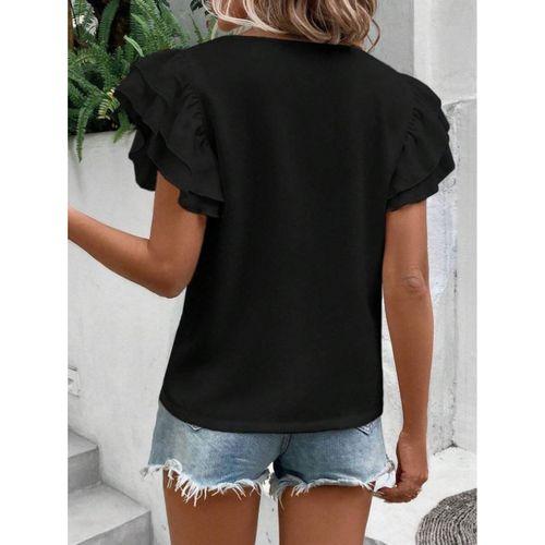 Bisiklet Yaka Kolları Volanlı İthal Krep Bluz