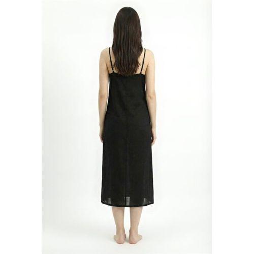 Pamuk Şile Bezi Ayarlanabilir İp Askılı Uzun Kombinezon V Yaka Uzun Elbise İç Astarı Jüpon Siyah Syh