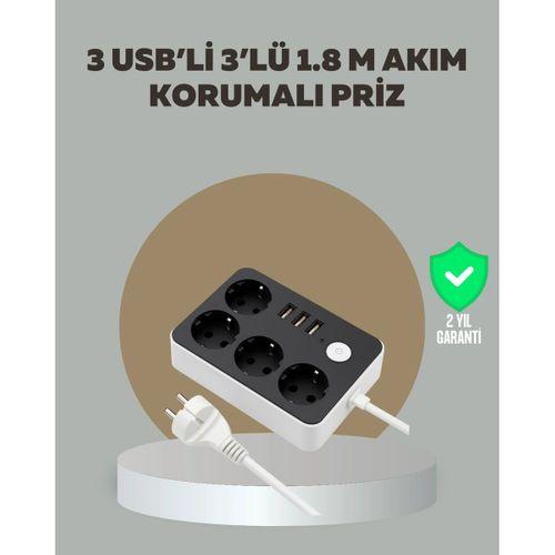 4 Prizli 3 Usb Portlu Anahtarlı Akım Korumalı Priz