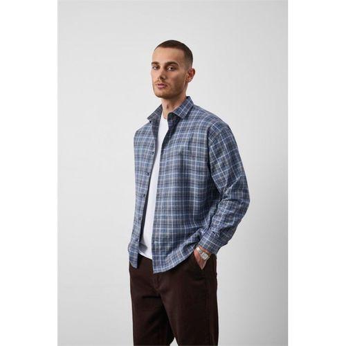 Carol Relaxed Fit Pamuklu Çizgili Flanel Erkek Gömlek - Mavi