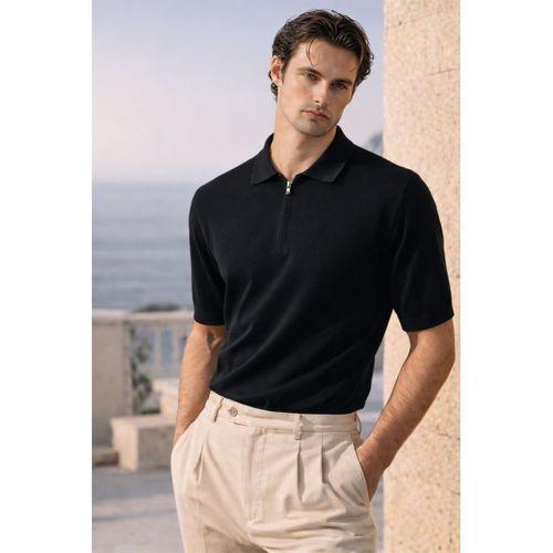 Linus Fermuarlı Polo Yaka Kısa Kollu İnce Triko Erkek T-Shirt - Siyah