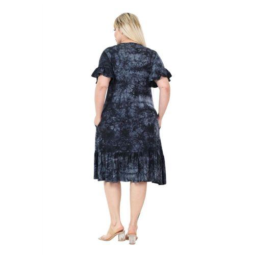 Melsay Butik Antrasit Batik Yıkamalı Fırfırlı Cepli Kısa Kollu Kadın Midi Elbise