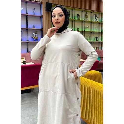 Kapşonlu Yandat Çıtçıtlı Sade Basic Uzun Tunik ve Pantolon İkili Spor Takım - 03071.027 - Ekru
