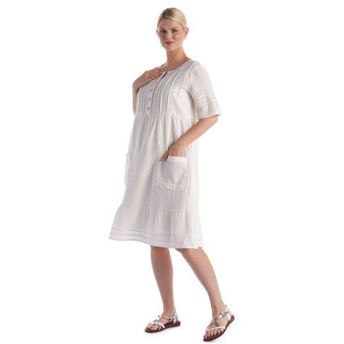 Kısa Kol Kırık Beyaz Kare Yaka Cep Detaylı Midi Boy Müslin Yazlık Elbise