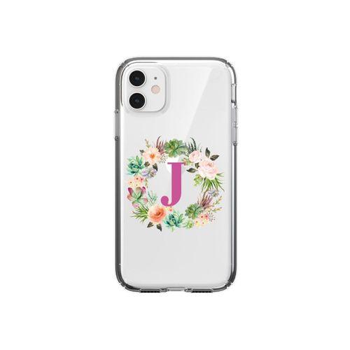 Mor Çiçekli J Harfli Şeffaf iPhone 11 Telefon Kılıfı