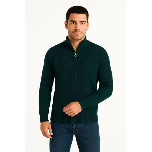 Erkek Yarım Fermuarlı Triko Kazak – Selanik Örgü, Dik Yaka, Pamuklu Dokuma, Regular Fit Uzun Kollu Kışlık Model - Haki