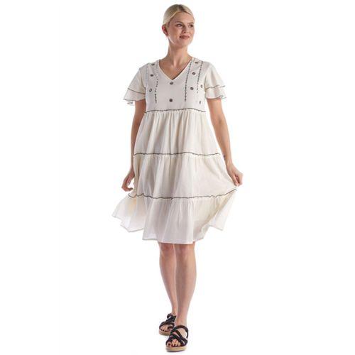 Kısa Kol Pullu Krem V Yaka Şile Bezi Yazlık Midi Boy Elbise